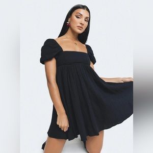 See you Monday black puff sleeve off the shoulder babydoll dress